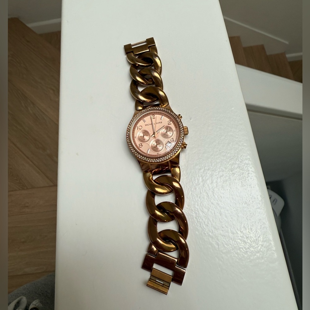 Michael Kors Rose Gold Braided Watch With Rhinestones. Jewelry Box Included